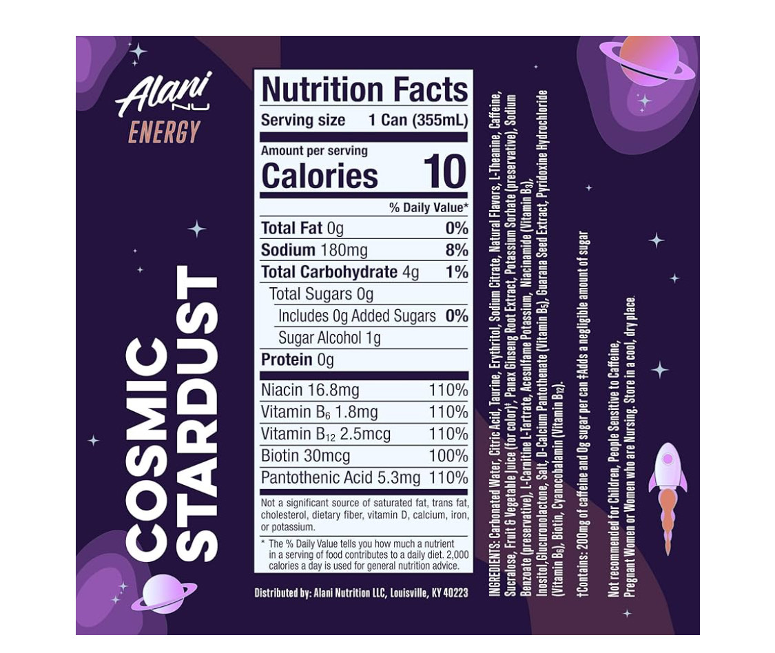 Ingredients of a Cosmic Stardust Alani.
Courtesy of Amazon