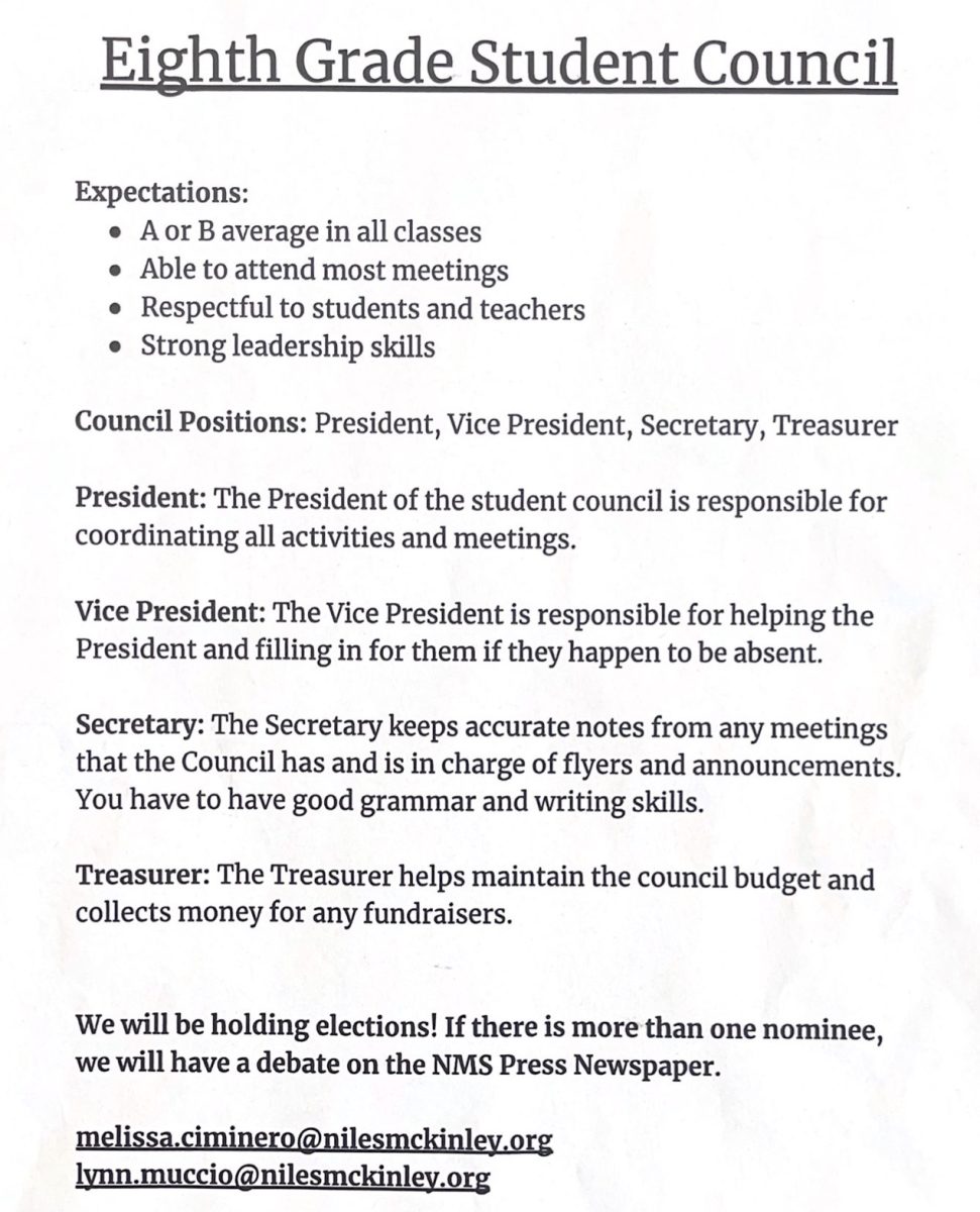 Eighth grade student council expectations and positions.